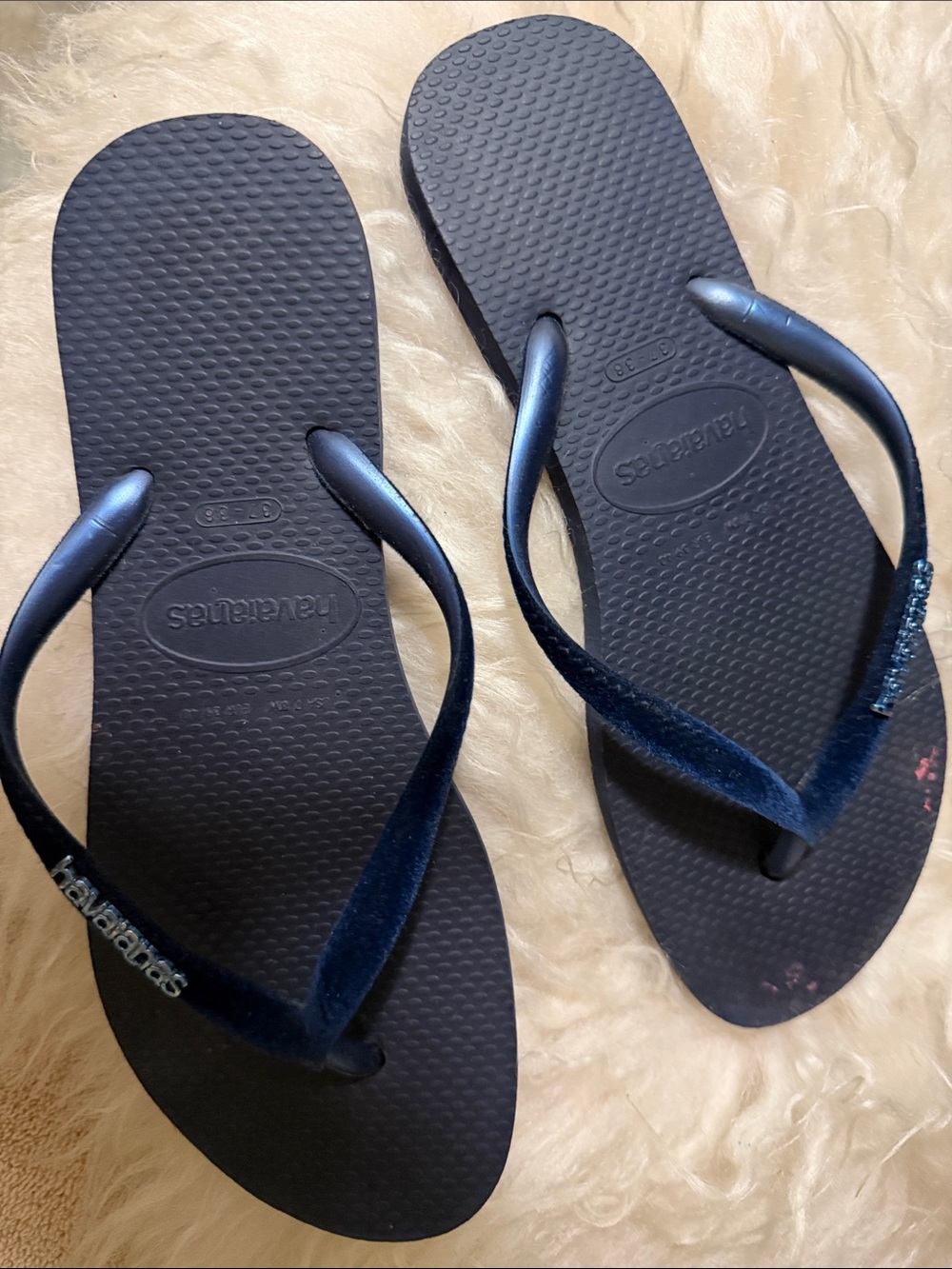 Havaianas Navy Velvet Strap Flip Flops with Metallic Logo
